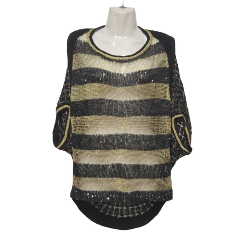 Black Gold Knit Top Metallic Sparkling Open Top Blouse- preloved